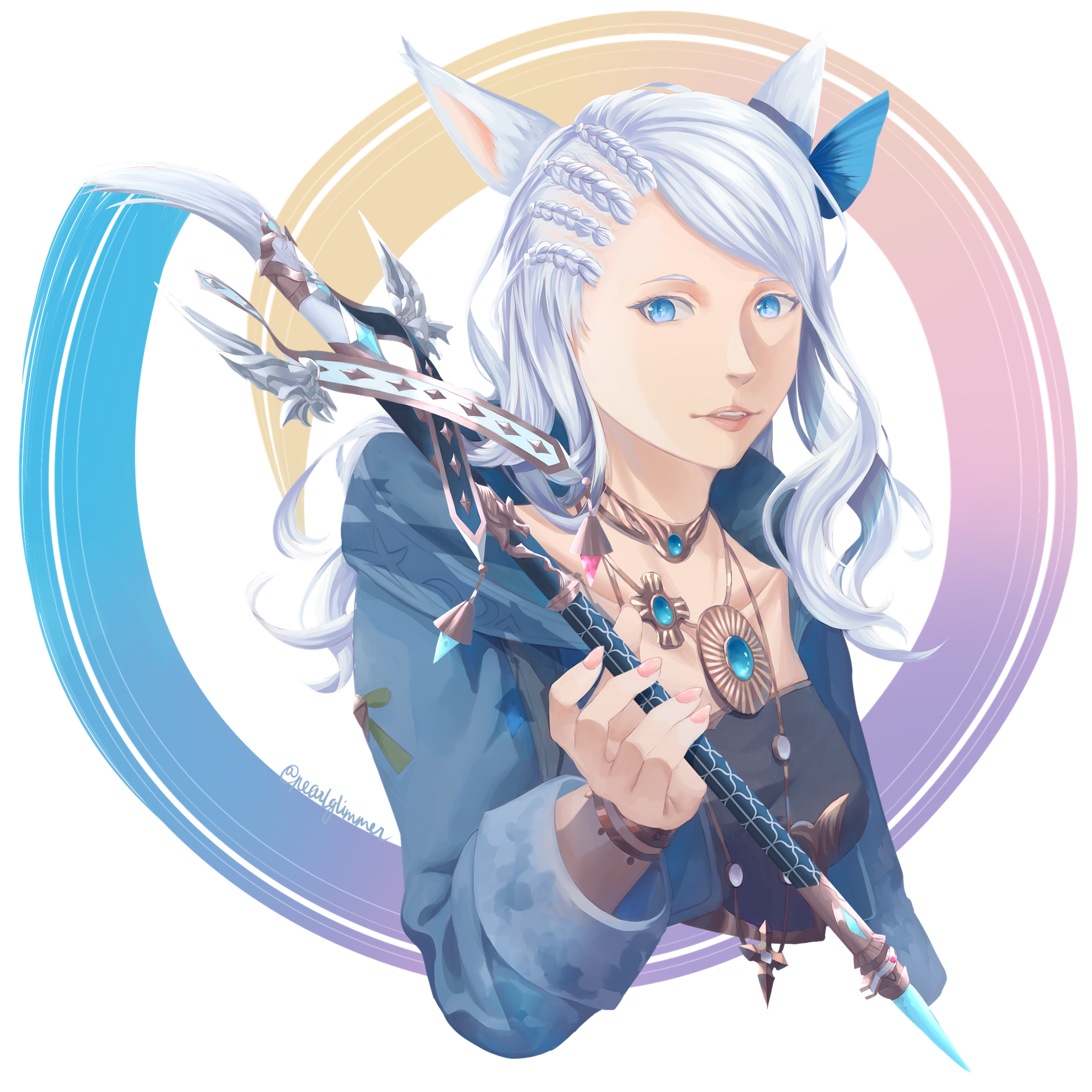 illustrated portrait of the artist over a swirl of color